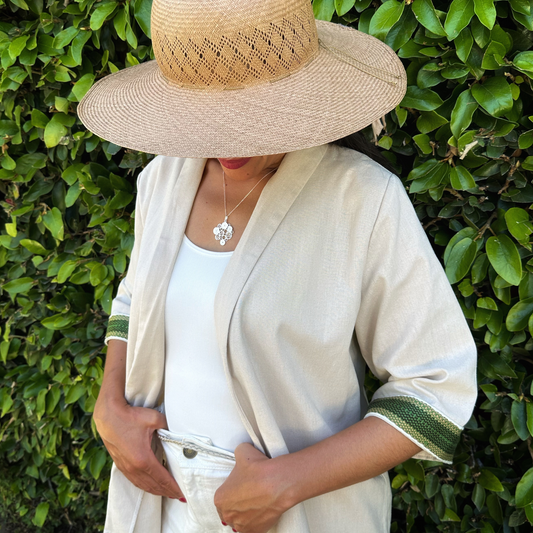 Pure Linen Kimono Blazer, Oat. Green Pattern Continente Dorado