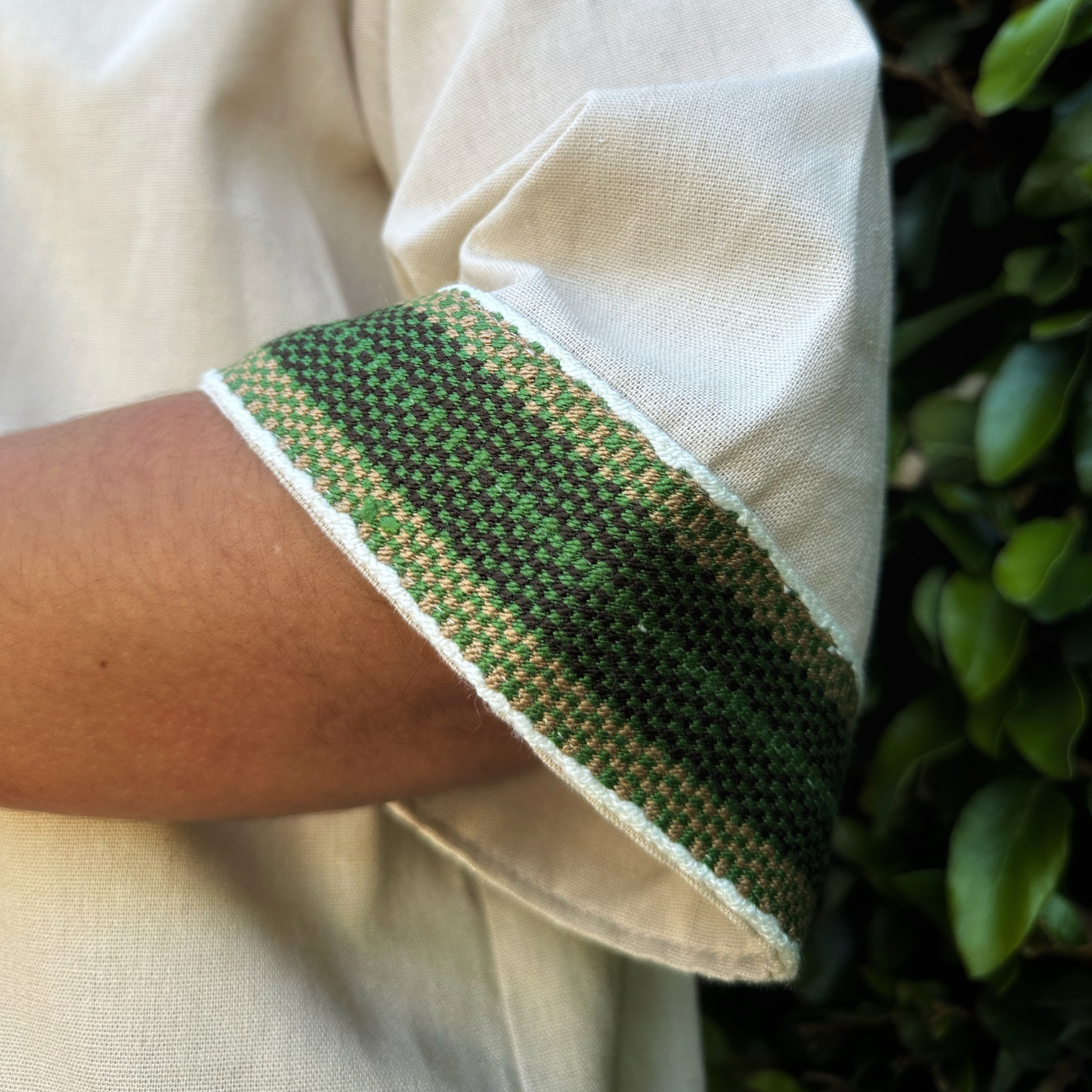 Pure Linen Kimono Blazer, Oat. Green Pattern Continente Dorado