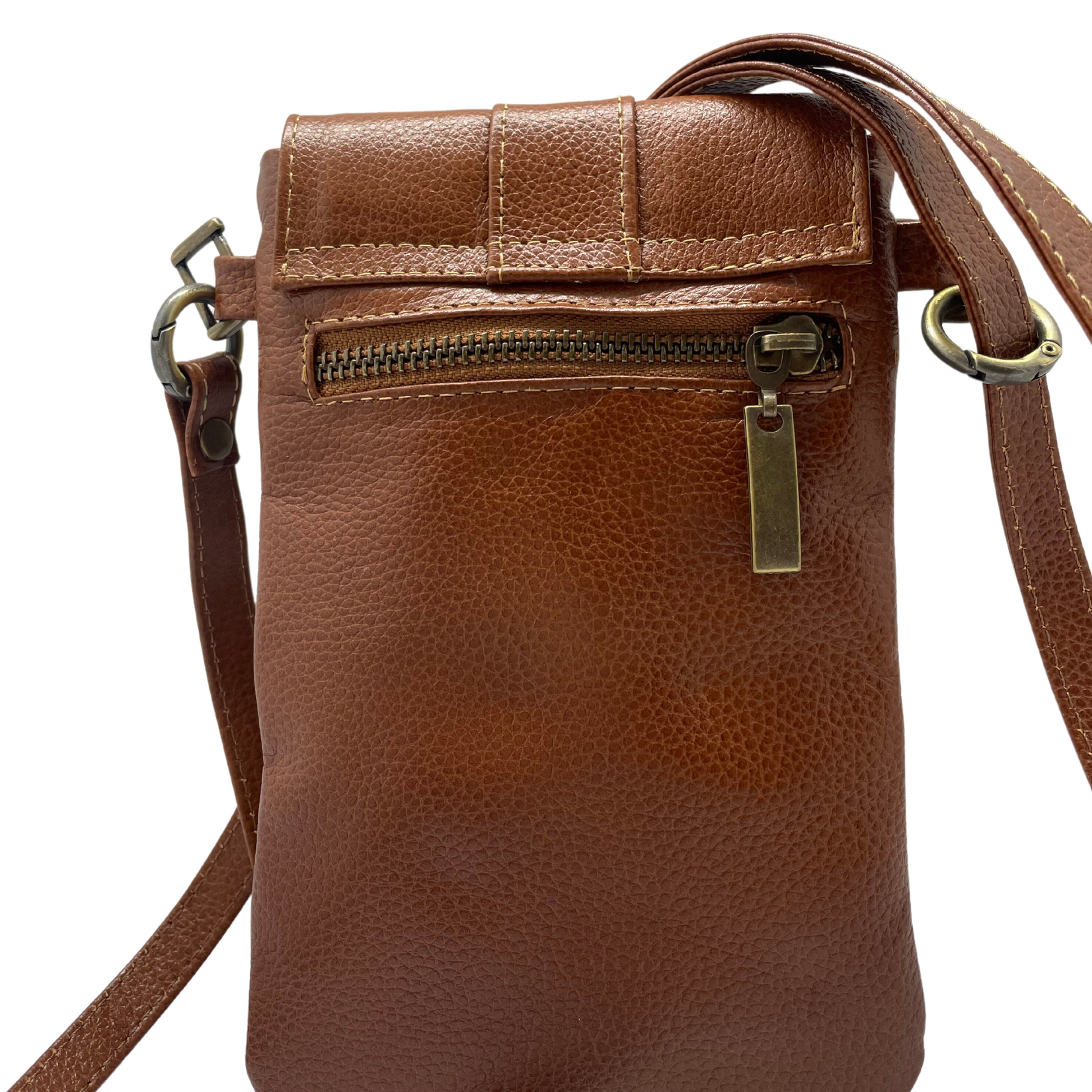 Madison Genuine Leather Phone Bag Crossbody Tan