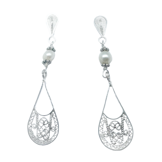 Teardrop Branch Pearl Filigree Earrings Silver