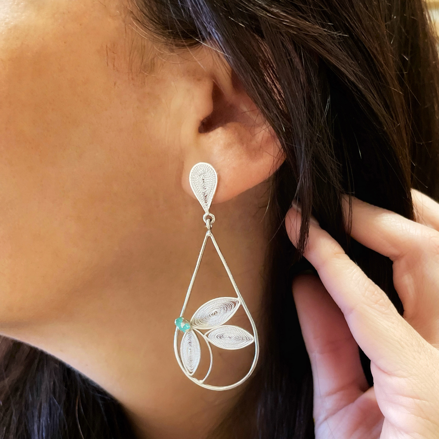 Emilia Teardrop Flower Emerald Statement Earrings Silver